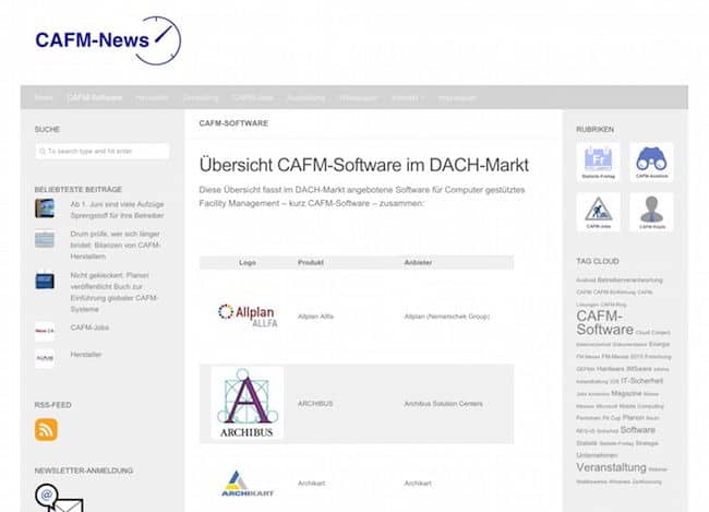 Die CAFM-News bieten jetzt auch eine Übersicht der CAFM-Software im DACH-Markt[