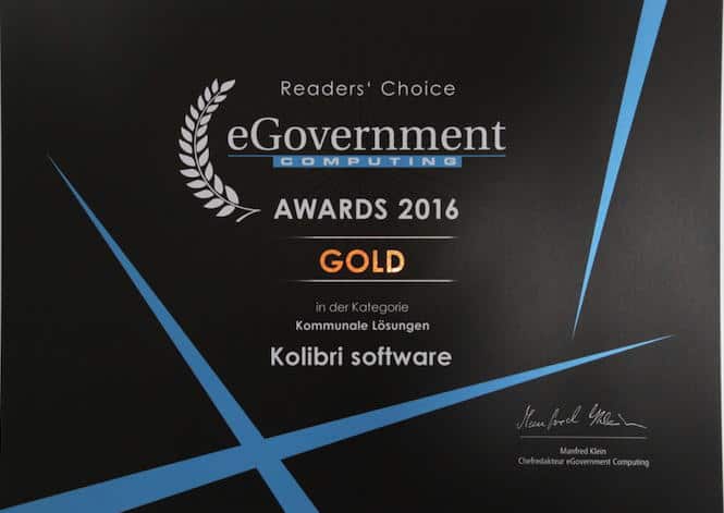 Die Urkunde: Kolibri Software holt Gold in der Kategorie Kommunale Lösungen