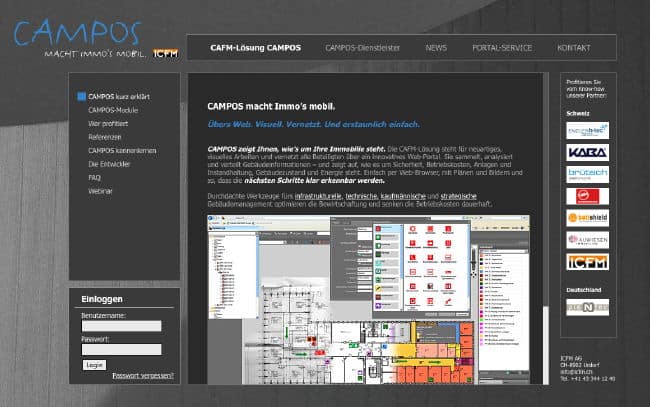 Die Campos-Website bietet grundlegende Informationen zur CAFM-Software von ICFM aus der Schweiz.