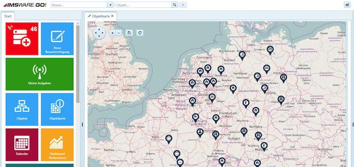 Die CAFM-Software IMSWARE.GO! integriert OpenStreetMap und zeig in den Pins, um welche Art von Objekt es sich auf der Karte handelt