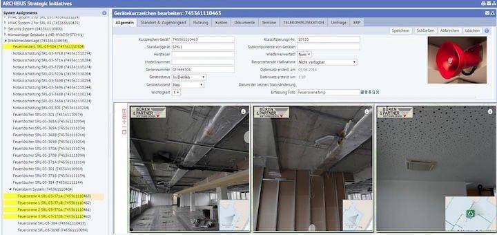 Die NavVis-Integration in Archibus CAFM-Software zeigt verschiedene Baustadien mit Foto und Kartenausschnitt.