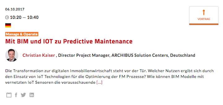 Mit BIM und IoT zu Predictive Maintenance – das ist der Titel eines Vortrags von Archibus auf auf dem Real Estate Innovation Forum der Expo Real