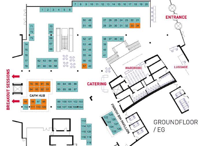 Orange ist das neue BIM: Auf dem Hallenplan der BIM World Munich haben wir die Stände der CAFM-Hersteller farblich markiert. (Ein Klick auf die Grafik zeigt ein größeres Bild.)