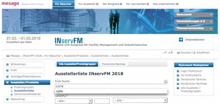 Auf der Website der INservFM 2018 finden sich bereits die ersten CAFM-Aussteller