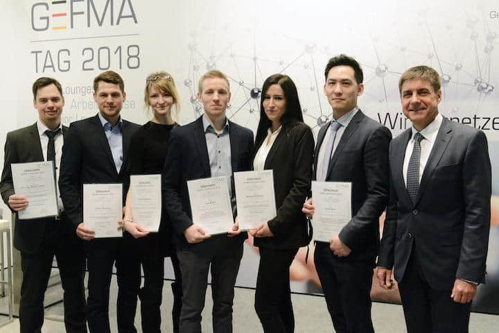 Prof. Markus Lehmann (r.) mit den Gewinnern der GEFMA-Förderpreise 2018 (v.r.): Jonas Rau, Alexandra Köther, Tim Bosch, Jana Kolpakova, Daniel Hartung und Dr.-Ing. Rainer Fauth