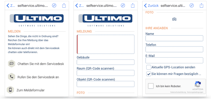 Mit der Funktion Mobiles melden ermöglicht Ultimo praktisch jedem, eine Schadensmeldungen in das CAFM-System zu übergeben