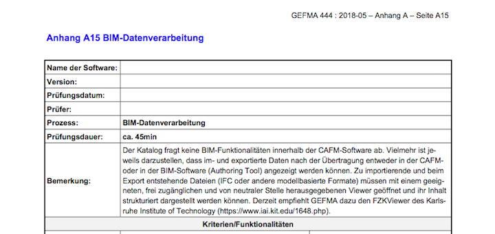 Die GEFMA 444 ist um einen weiteren Katalog gewachsen: Der Katalog A15 fokussiert auf die Verträglichkeit von CAFM-Software mit grundlegenden Daten-Fragen des BIM