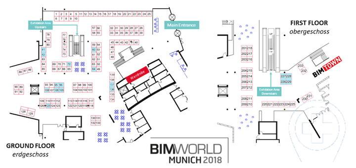 Blaue Fleckchen, bunt verstreut: Das CAFM-Hub der BIM World Munich 2017 ist offenbar Geschichte, zahlreiche Aussteller mit FM-Software sind aber trotzdem vor Ort