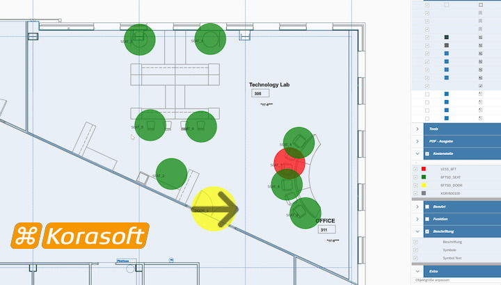 Achtet auch auf die Öffnungsrichtung von Türen: Mit einem Add-on für das 6-feet-Office erweitert Korasoft sein Belegungsmanagement um Social Distancing im Büro während der Corona-Pandemie