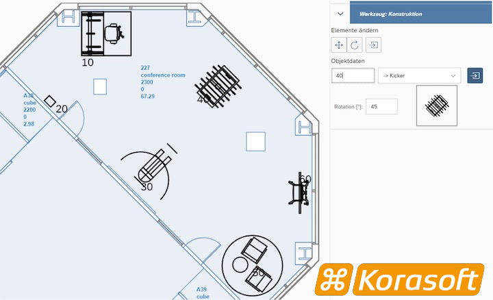 Mi tKorasoft Room Furnish stellt Korasoft ein Werkzeug vor, mit dem sich die Möblierung von räumen und Etagen im Webbrowser grafisch direkt in SAP ausführen lässt