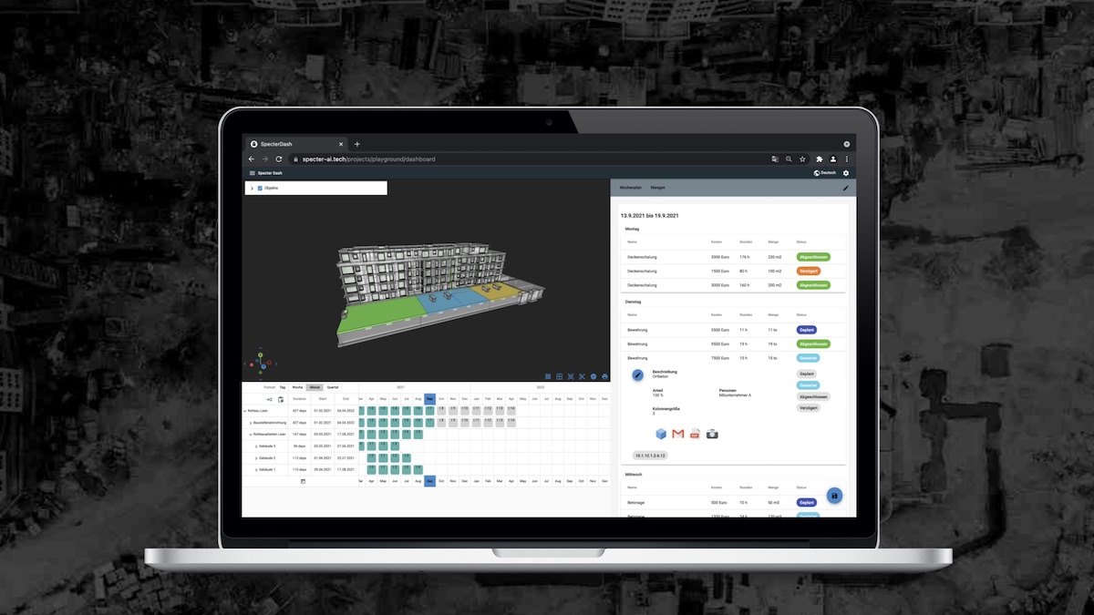 Das Specter Automation Dashboard nutzt das BIM-Modell, um dem Polier bei der täglichen Arbeit zu unterstützen - Bild: Specter Automation