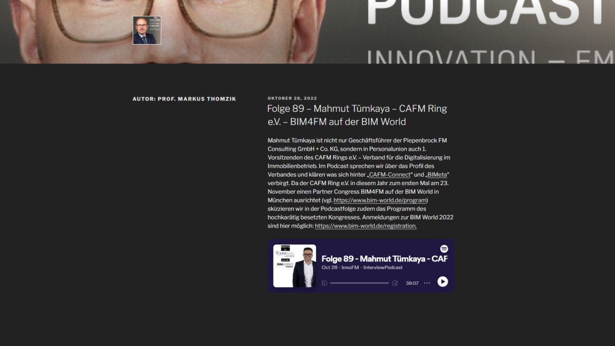 Im nno-FM Podcasts von Prof. Markus Thomzik liefert CAFM-Ring Vorstand Mahmut Tümkaya Einblicke in den Kongress BIM4FM auf der BIM World Munich - Bild: Thomzik