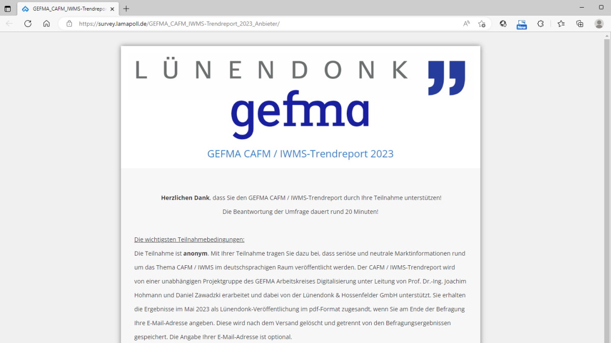 Gefma und Lünendonk haben die Umfrage für den CAFM-Trendreport 2023 gestartet -Bild: Gefma/Lünendonk/LamaPoll
