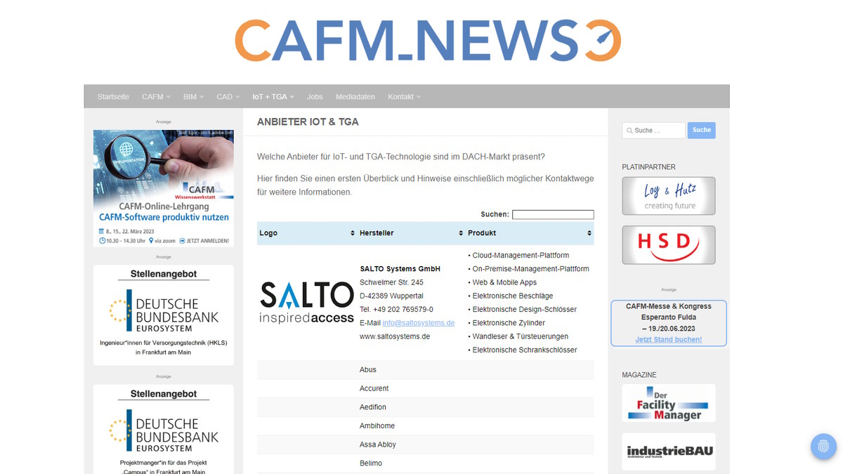 Die CAFM-News haben jetzt auch eine Anbieterübersicht zum Themenfeld IoT und TGA – Bild: CAFM-News
