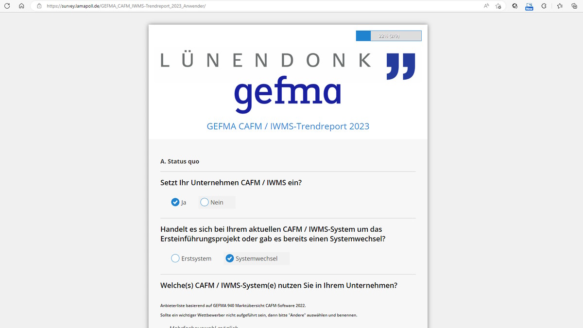 Gefma und Lünendonk haben jetzt auch die Anwender-Befragung für den CAFM-Trendreport 2023 gestartet -Bild: Gefma/Lünendonk/LamaPoll