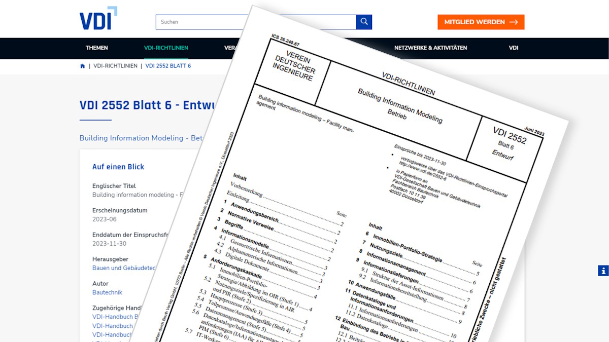 Der VDI hat die Richtlinie 2552 Blatt 6 zu BIM im Betrieb als Entwurf veröffentlicht - Bild: VDI; Montage: CAFM-News