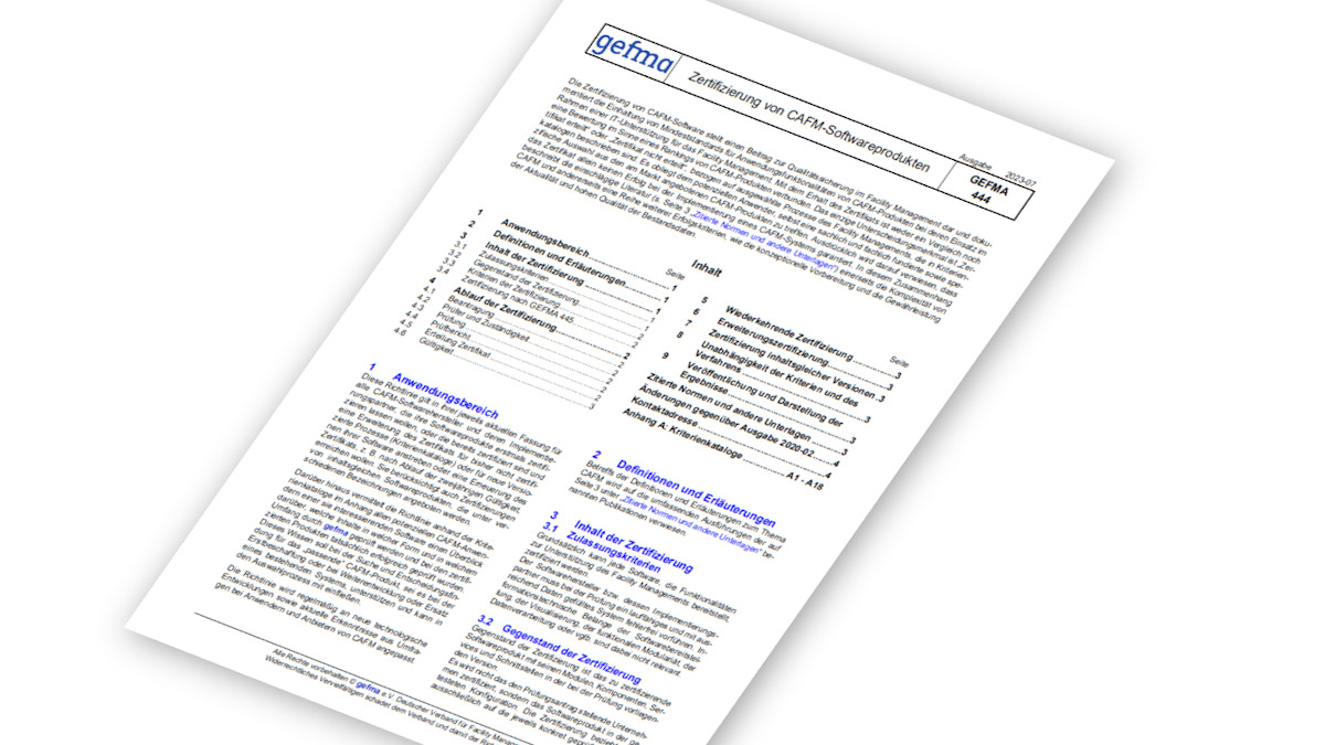 Die Richtlinie gefma 444 für die Zertifizierung von CAFM-Software umfasst aktuell 18 sogenannte Kriterienkataloge - Bild: gefma;: Bearbeitung: CAFM-News