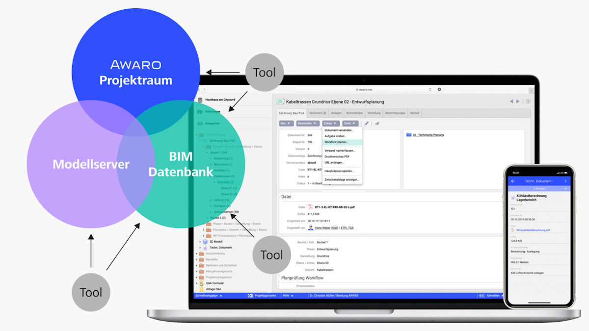 Der Projektraum und das CDE von Awaro können auch für BIM genutzt werden. - Bild: Awaro; Montage: CAFM-News