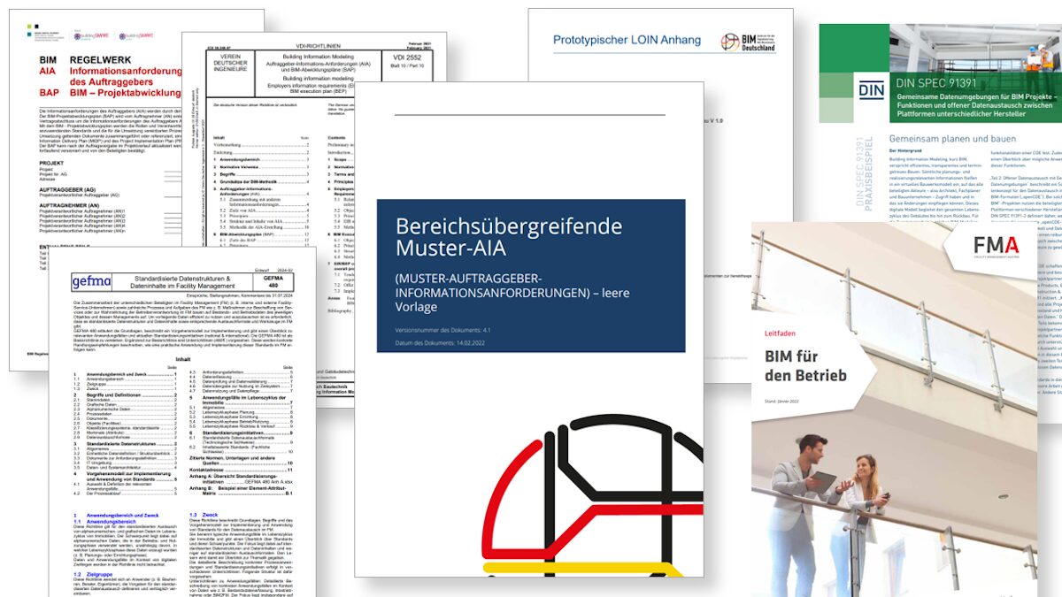 Um die Auftraggeber-Informationsanforderungen möglichst gut zu beschreiben, gibt es eine Reihe von Hilfsmitteln - Bild: BIM Deutschland, buildingsSMART AT, DIN,  FMA, gefma, VDI; Montage: CAFM-News